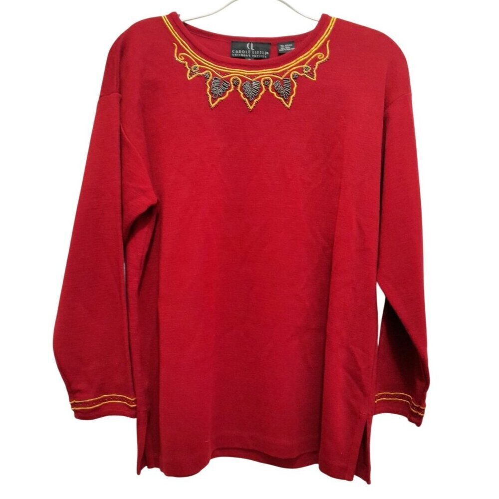 VTG Carole Little Beaded Embroidered Holiday Christmas Wool Blend Sweater Size S
